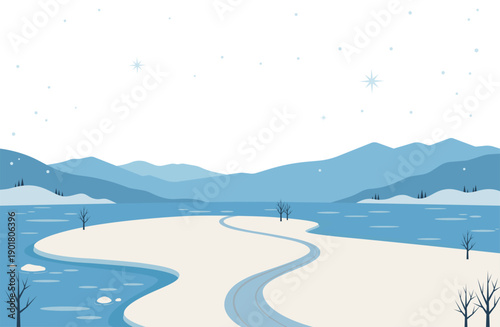 冬の凍った湖と雪山が広がる静かな岬の風景ベクターイラスト素材