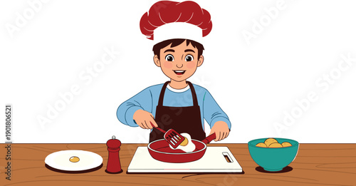 Vector, cartoon, illustration, of, a, happy, young, boy, chef, cooking, eggs, in, a, frying, pan, for, childhood, hobby, kitchen, learning, and, culinary, education, design