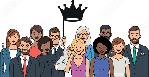 Crowd Celebrating Winner with Crown isolated on transparent background