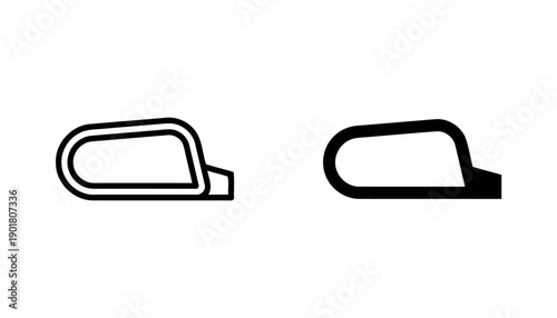 Outline and solid black car side mirror icons for vehicle safety and visibility, showing reflection and road view, isolated on white background, graphic 