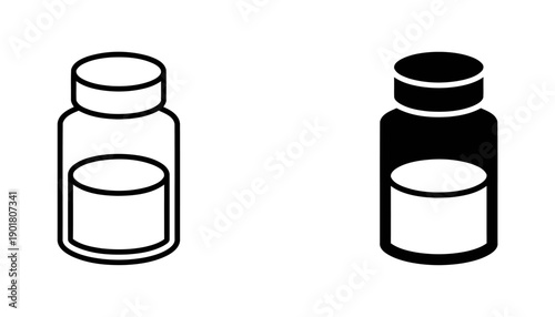 Outline and filled silhouette of medicine bottle with liquid inside, isolated on white background, medical container icon vector set
