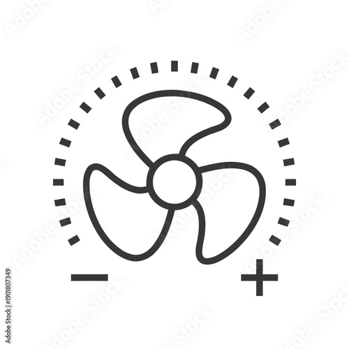 Outline icon of a rotating fan with dotted circle and plus minus signs, symbolizing airflow, ventilation, speed control, and temperature regulation