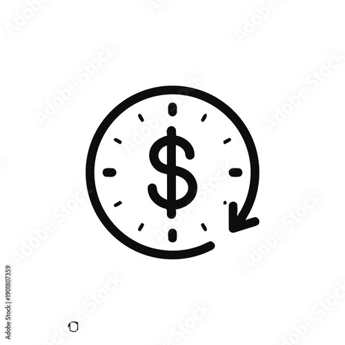 Outline icon of clock with dollar sign and arrow, representing time is money, financial investment, savings, and efficient money management