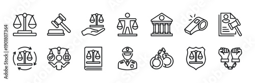 Outline icon set representing legal and justice concepts such as scales of justice court gavel handcuffs police officer and legal proceedings