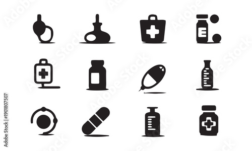 Pharmacy and medical supplies icons featuring pills, capsules, bottles, IV bag, prescription, and first aid kit for pharmaceutical and health industries
