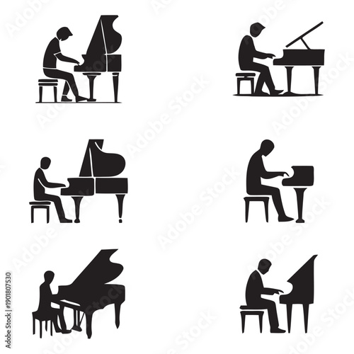 Pianist playing grand piano music icons depicting musicians performing classical and contemporary melodies in concerts and private sessions