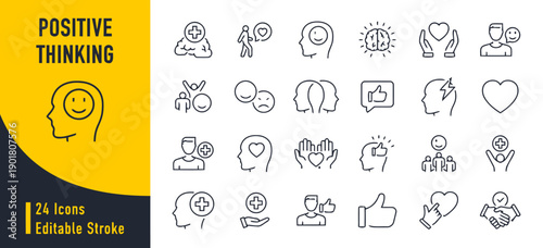 Positive thinking icons set with happy people and symbols of joy confidence and optimism for mental well being editable stroke