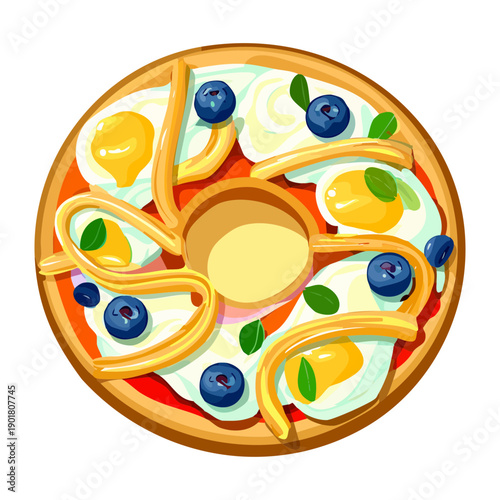 Fruity bagel ring topped with cream and blueberries for a colorful and sweet dessert treat - Vector Illustration