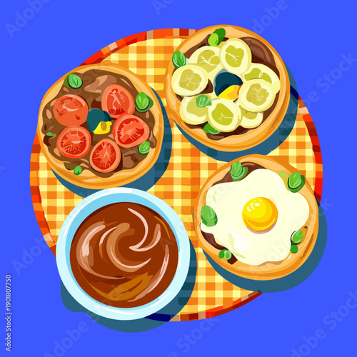 Assorted breakfast plate with mini toasts eggs and chocolate spread for a diverse morning meal - Vector Illustration