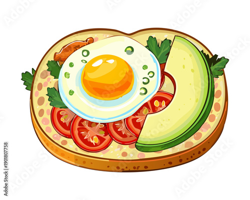Toasted bread with egg avocado and tomato slices for a perfect high protein morning breakfast - Vector Illustration