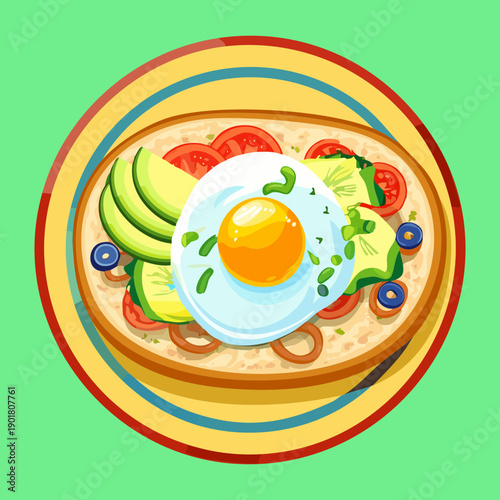 Healthy avocado and egg toast with tomato garnish for a nutritious and colorful breakfast plate - Vector Illustration