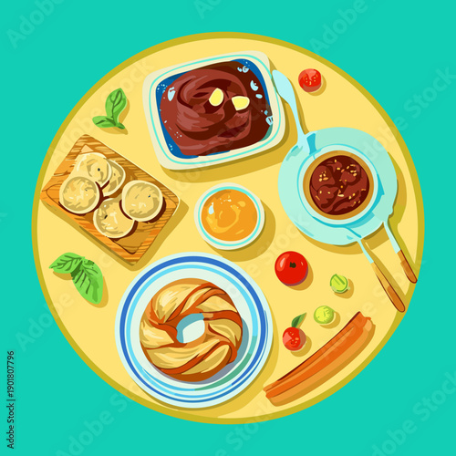 Continental breakfast tray with bagel jam and coffee for a complete morning dining hotel experience - Vector Illustration