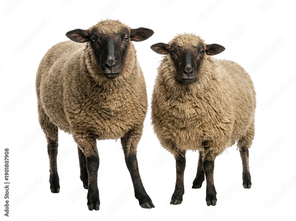 Fototapeta premium Two brown sheep standing side by side, front view livestock portrait on white studio background