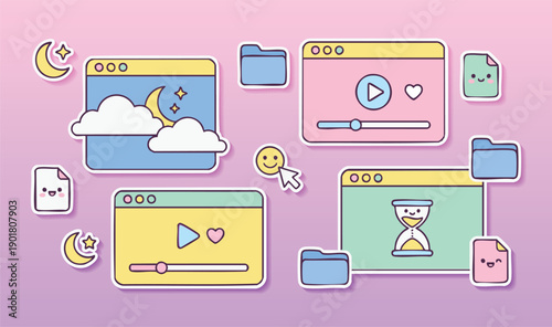 Cute Pastel Color UI Interface Window with Kawaii Elements Illustration