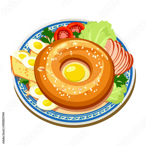 Healthy breakfast bagel plate with ham egg and fresh lettuce for a high protein dish - Vector Illustration