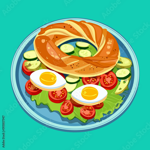 Savory bagel sandwich with fried egg tomato and cucumber slices for a nutritious breakfast meal - Vector Illustration