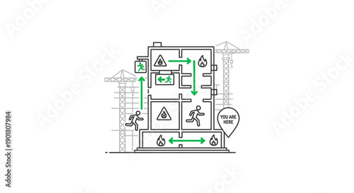 Building Fire Safety and Evacuation Plan Diagram with Emergency Routes, Alarm Systems, and Compliance Indicators
