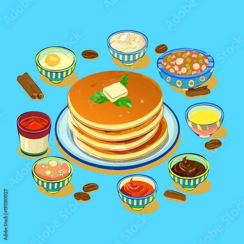 Breakfast platter featuring a stack of pancakes served with many colorful dipping sauce bowls for brunch menu - Vector Illustration