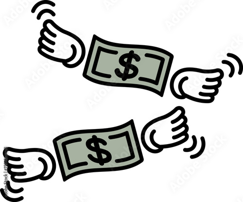 翼が生えて飛んでいくお金。紙幣。アメリカドル。
