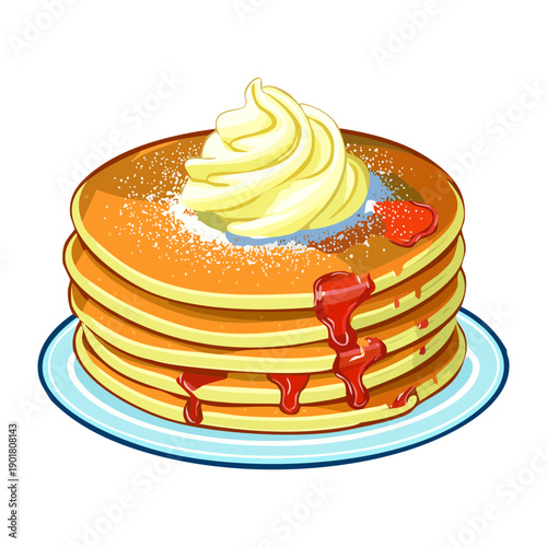 Sweet pancake stack topped with whipped cream and honey for a classic and delicious morning breakfast treat - Vector Illustration
