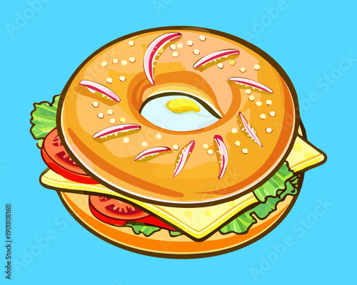 Gourmet bagel sandwich topped with a fried egg and fresh vegetables for a nutritious and tasty breakfast - Vector Illustration