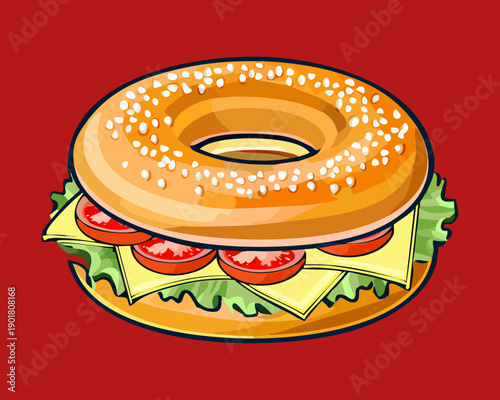 Savory bagel sandwich filled with cheese ham and fresh lettuce for a classic morning breakfast menu option - Vector Illustration