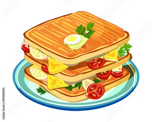 Triple layer breakfast sandwich with egg cheese and fresh vegetables for a hearty and healthy morning dish - Vector Illustration