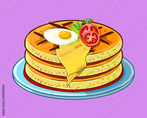 Savory pancake stack topped with a fried egg and cheese for a satisfying and protein rich breakfast - Vector Illustration