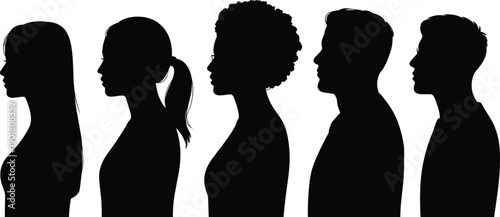 Five black silhouette profiles of people with different hairstyles facing right on a white background