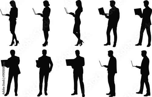 Silhouettes of people holding laptops and tablets in various standing positions against a white background