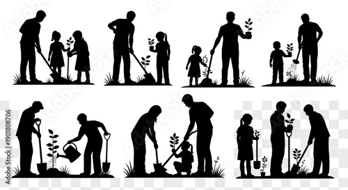 Silhouettes of people of different ages planting trees and flowers in the garden, symbolizing environmental care and family activities.