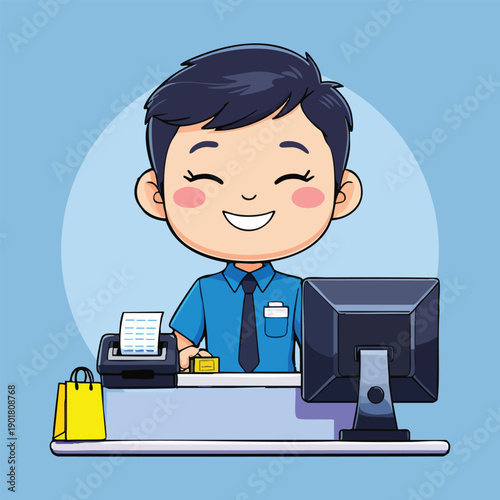 Cartoon Style Smiling Shopkeeper Working at Checkout Counter Illustration