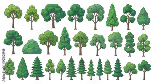 A diverse collection of stylized trees, showcasing various shapes, sizes, and species, presented in a clean, illustrative style against a white background.