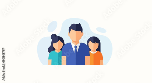 Illustration of a man standing with two young girls, representing family or a team.