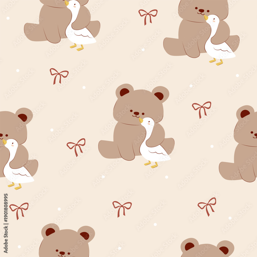 Naklejka premium seamless a bear hugs a duck pattern with bow and dot on light brown background , vector , illustration