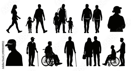 Collection of diverse silhouettes of people of different ages and abilities, including families and individuals.