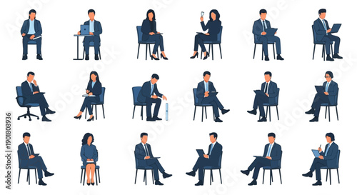 A collection of diverse business people sitting in various poses, some with laptops and documents, illustrating a professional environment.