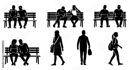 Silhouettes of people sitting on park benches and walking in a park setting, depicting various social interactions and solitary moments.
