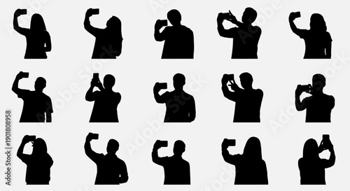 Collection of Silhouettes of People Taking Selfies with Smartphones.
