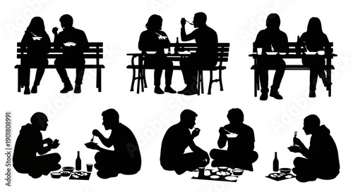 Silhouettes of people enjoying meals outdoors, some seated on benches and others on the ground with food and drinks.