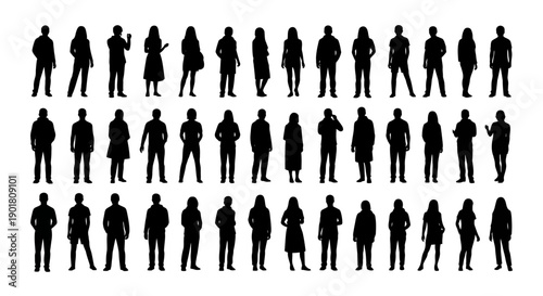 A collection of diverse human silhouettes standing in rows against a white background.