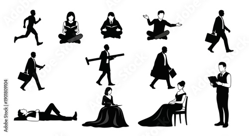 Collection of black and white silhouette illustrations depicting various human activities and poses.