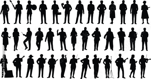 Silhouettes of people playing various musical instruments and standing in different poses guitar violin