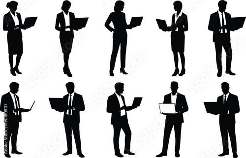 Ten black silhouette figures holding laptops in business attire standing in different poses people