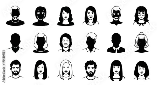 A collection of diverse black and white avatar icons representing various individuals with different hairstyles and facial features.