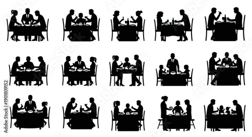 Silhouettes of families and groups of people dining together at tables, illustrating social gatherings and meals.
