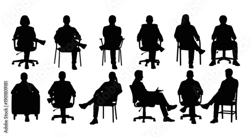 Collection of Silhouettes of People Sitting in Chairs in Various Poses.