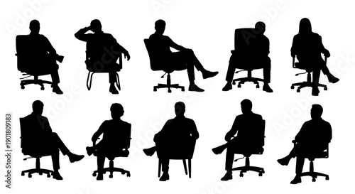 A collection of ten black silhouettes of people sitting in office chairs, viewed from the front.