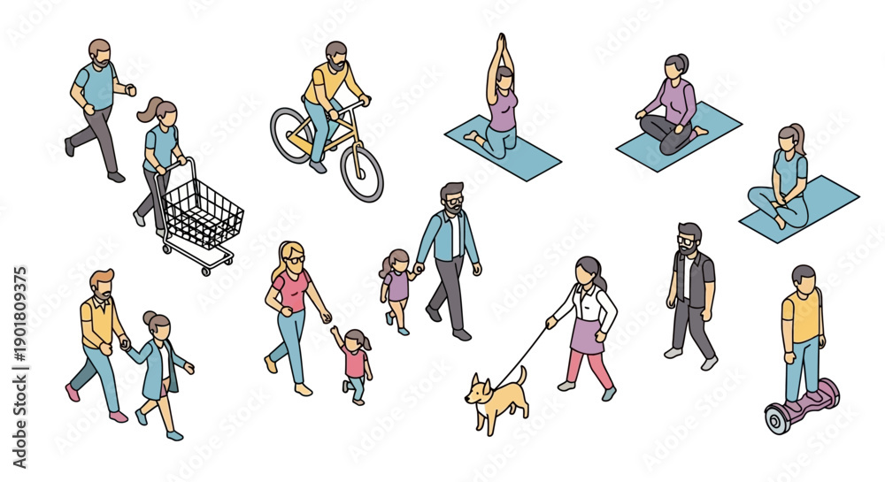 Naklejka premium Isometric illustrations of people engaged in various everyday activities and hobbies, including shopping, cycling, yoga, and walking pets.