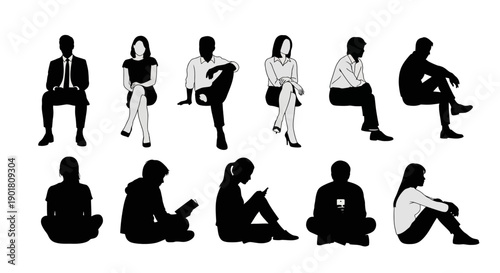 Collection of diverse silhouette figures of people sitting in various poses, both standing and seated, against a white background.
